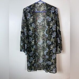American Eagle Kimono Duster Sheer‎ Floral Medium Black Blue